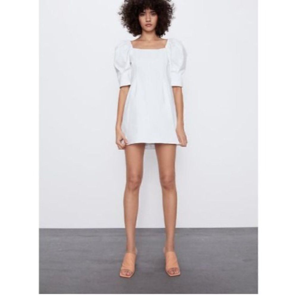 Zara Womans Mini Dress Size XS White 3/4 Balloon Sleeve 2658/312 NWT